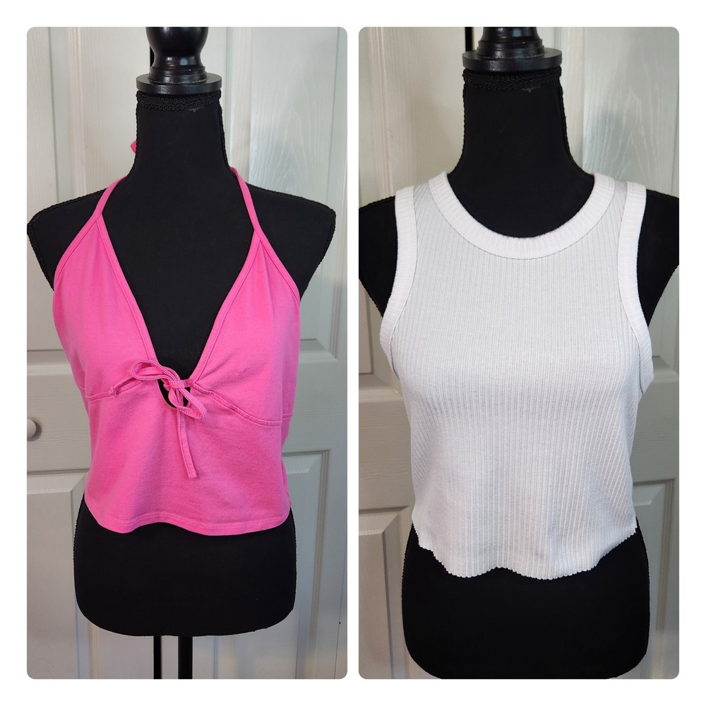 Garage Pink Halter & Destined White Ribbed Tank Top Bundle XL Lot of 2 Y2K‎ Cute